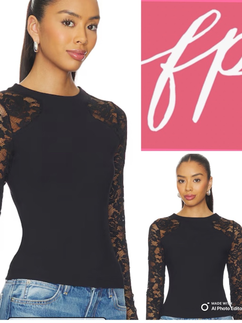 Free People Black Lace Sleeve Long Sleeve Top